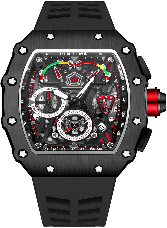 FANMIS Mens Luxury Tonneau Square Watches Analog Punk Chronograph Unique Sports Wrist Watch Japanese Movement Luminous Design with Rubber Band (Black Black) - Image 1